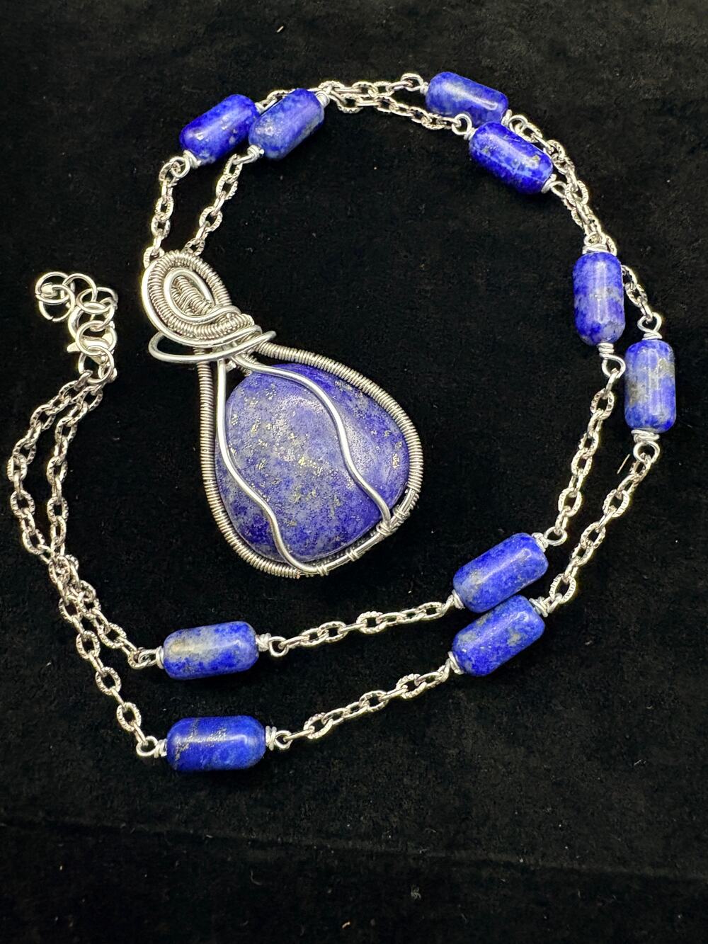 Handmade Wire Wrapped Lapis Lazuli Pendant Necklace – Custom Beaded Chain